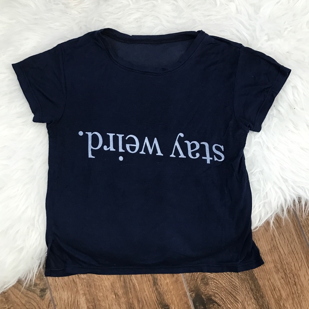 Brandy Melville • Navy Stay Weird Crop Tee Top - Picture 2 of 7